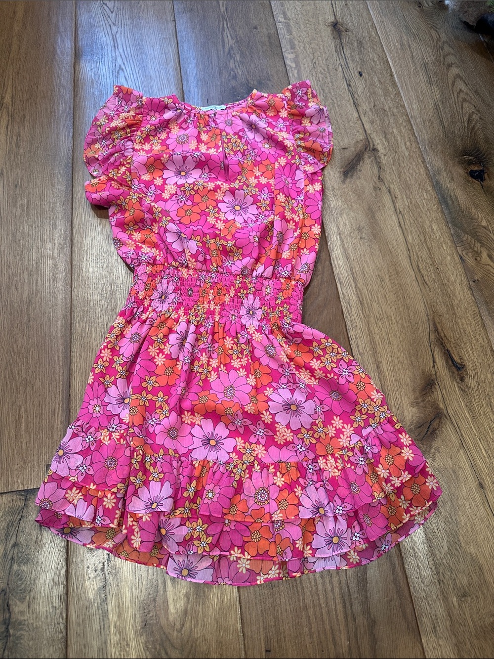 Ramy Brook Pink & Orange Floral Smocked-Waist Ruffle Dress